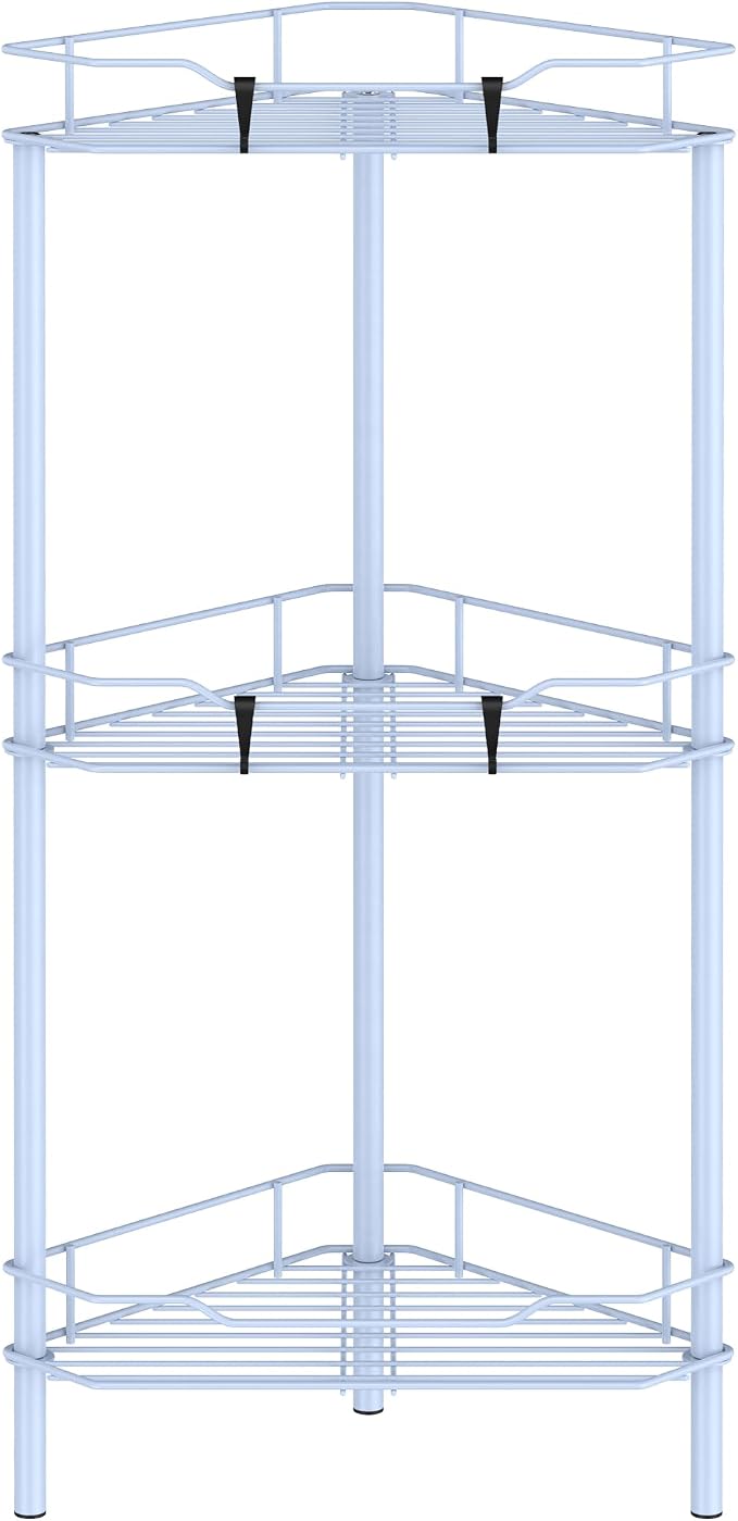 HuggieGems 3 Tier Floor Standing Corner Shower Caddy Organizer Shelf with Hooks, Bathroom Shelves Stand Rack, Blue by HuggieGems