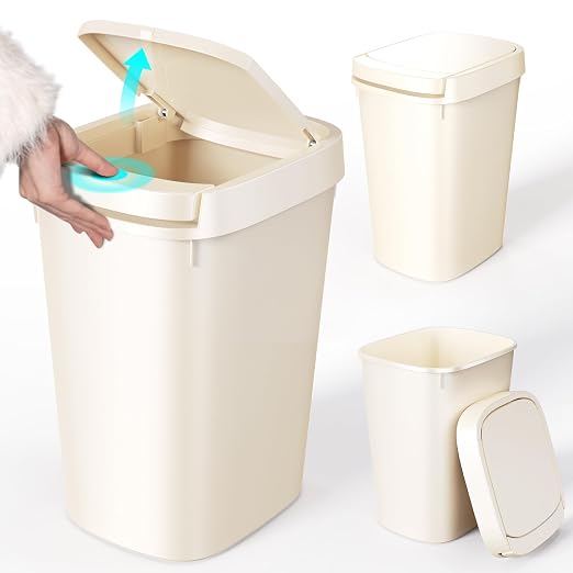 CEROELDA 3 Pack Bathroom Trash Can with Lid, 10L/2.6 Gal Small Garbage Can with Press Top Lid, Slim Plastic Waste Basket for Toilet, Office, Bedroom (Beige) by WelcometoCEROELDA