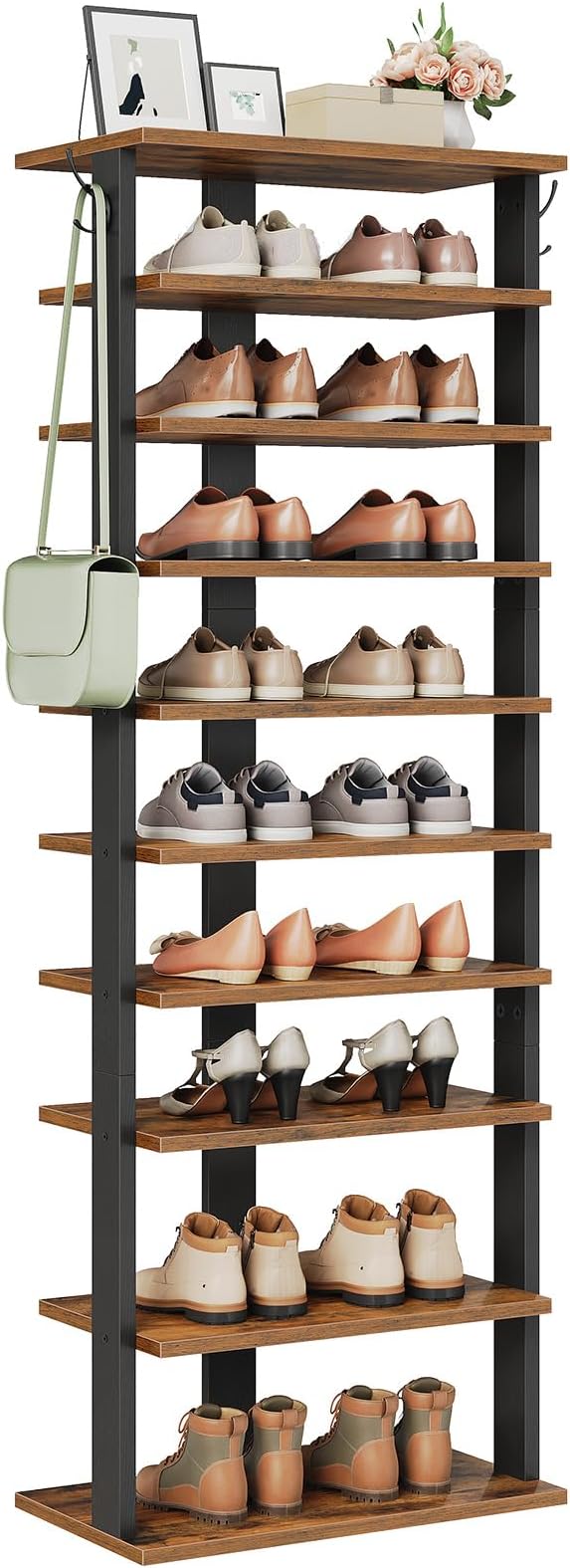 HOOBRO 10 Tiers Vertical Shoe Rack, Wooden Shoe Storage Organizer with Hooks, Narrow Shoe Tower for 20 Pairs, Space Saving, for Entryway, Living Room, Bedroom, Rustic Brown FG140XJ01 - Image 8