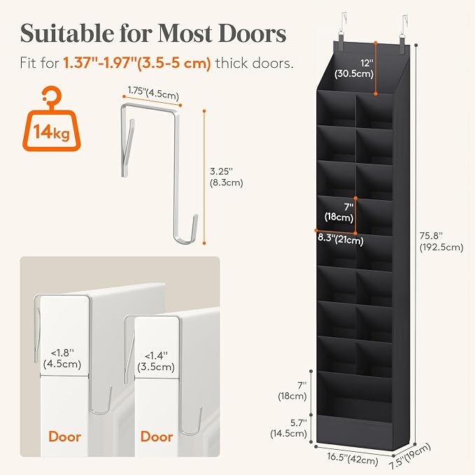 Lifewit 10 Tier Over the Door Shoe Organizer with 19 Large Deep Pockets, Fabric Hanging Shoes Shelf for Closet, Dorm Storage, Fit Up to 20 Pair Shoe Rack Holder for Sneakers, Boots, Black - Image 2