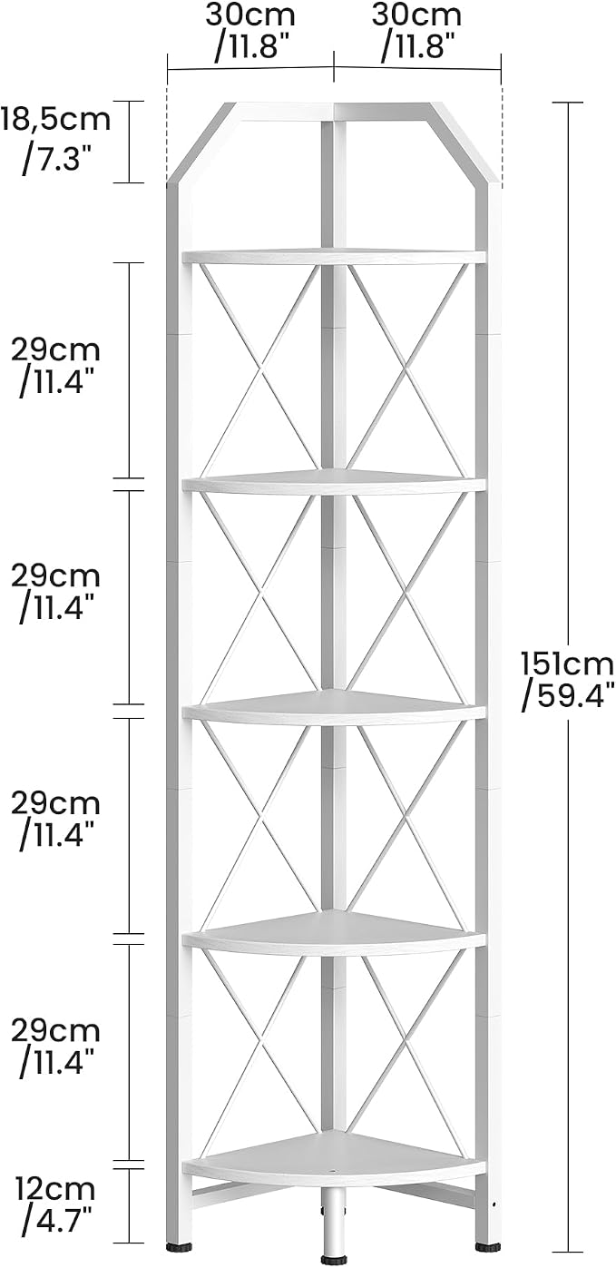 CHOEZON 5-Tier Corner Shelf, Industrial Corner Bookshelf, 59.4" Corner Storage Stand, Plant Stand Display Shelf, Corner Bookcase for Bedroom, Living Room, Home Office, White TCJ10WB - Image 2