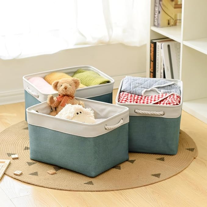 TheWarmHome Organization and Storage basket for Organizing - 3 Pack 16x12x12 inch Cube Storage Bin for Shelves, Fabric Storage Cubes for Organizer Cloth Closet Toy Box (White & Green) - Image 3