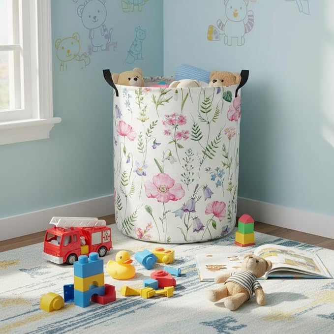Baby Laundry Hamper kids laundry Basket Waterproof Laundry Bag for Bedroom Toy Clothes Organizer Room Décor(Pink Flower) - Image 5