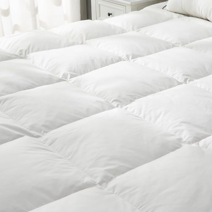 Goose Down Feather Mattress Topper, Full Down Mattress Protector Cover with Straps,Plush Soft Fluffy Baffled Pillowtop, Hypoallergenic Featherbed Cooling Pad All-Season Luxury(54X75 inch)
