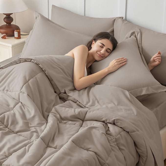 JOLLYVOGUE Queen Comforter Set, Ultra-Soft Bed in a Bag Queen Size 7 Pieces, Oeko-TEX Certified Bedding Set with Down Alternative Comforter, Sheets, Pillowcases & Shams, Khaki