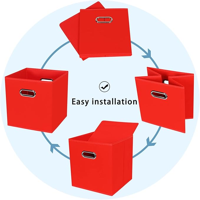 Black Fabric Cubby Storage Bins,13x13x13 Inches ,Cube Organizer Bin Foldable Storage Boxes with Dual Handles Fabric Organizer Box and collapsible Storage basket,Set of 6 ,Red - Image 6