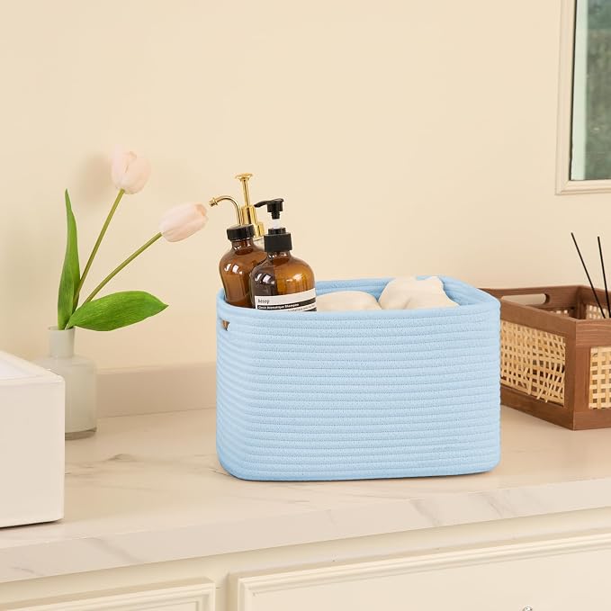 OIAHOMY 4 Pack Storage Baskets for Organizing, Cube Storage Bins for Shelves, Rectangle Storage Baskets With Handles, Woven Baskets for Storage, 12.7''Lx9''Wx7.8''H, Light Blue - Image 5