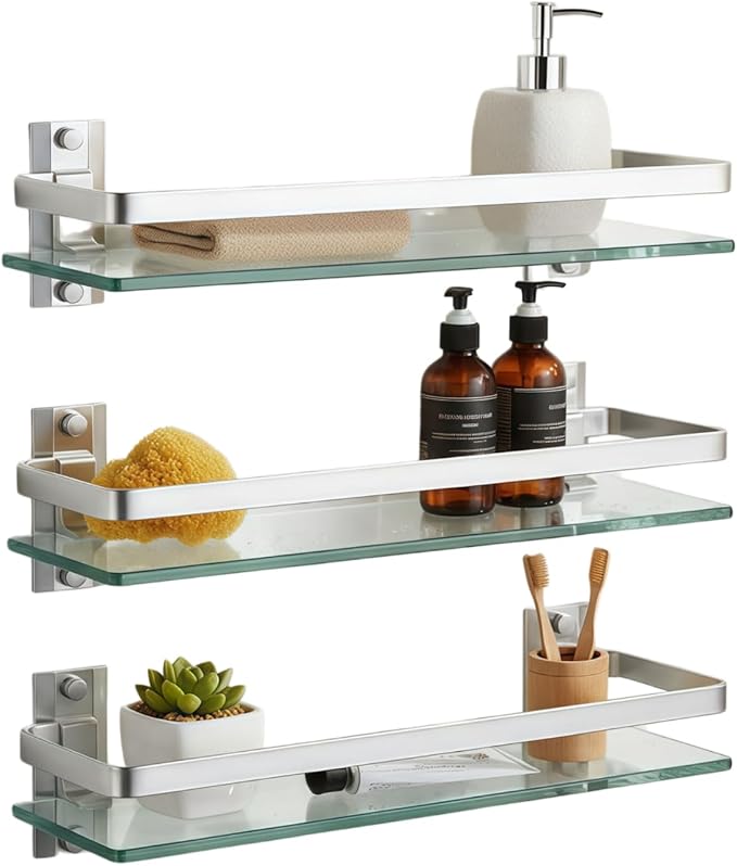 AIJALY 3 Pack Bathroom Glass Shelf,Aluminum Tempered Glass 0.3in Extra Thick Rectangular 1 Tier Storage Organizer Wall Mount,Silver 15.7in by AIJALY