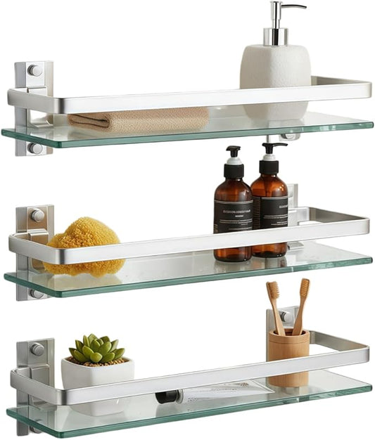 AIJALY 3 Pack Bathroom Glass Shelf,Aluminum Tempered Glass 0.3in Extra Thick Rectangular 1 Tier Storage Organizer Wall Mount,Silver 15.7in by AIJALY