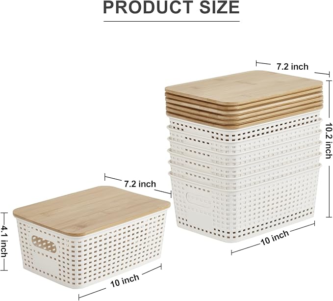 Bagnizer Small Plastic Storage Bins with Bamboo Lids 5.2qt Stackable Box Basket Pantry Decorative Containers Cute with Labels for Organizing Desktop Closet Office Cream White of 6 packs 10*7.2*4.1" - Image 2