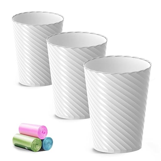 Bathroom Trash Can, 3 Pack 1.8 Gallons Small Trash Can with Trash Bags, Bathroom Garbage Can, Plastic Trash Bin, Round Waste Basket for Living Room, Bedroom, Office, Kitchen, Compact Space (White) by Lysam