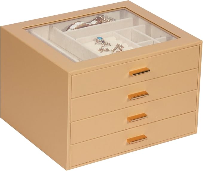 Jewelry Box with Glass Lid, 4-Layer Jewelry Organizer for Women Girls, PU Leather Display Case with 20-Grid Earring Tray & Movable Dividers for Necklaces Rings,Camel by Unknown