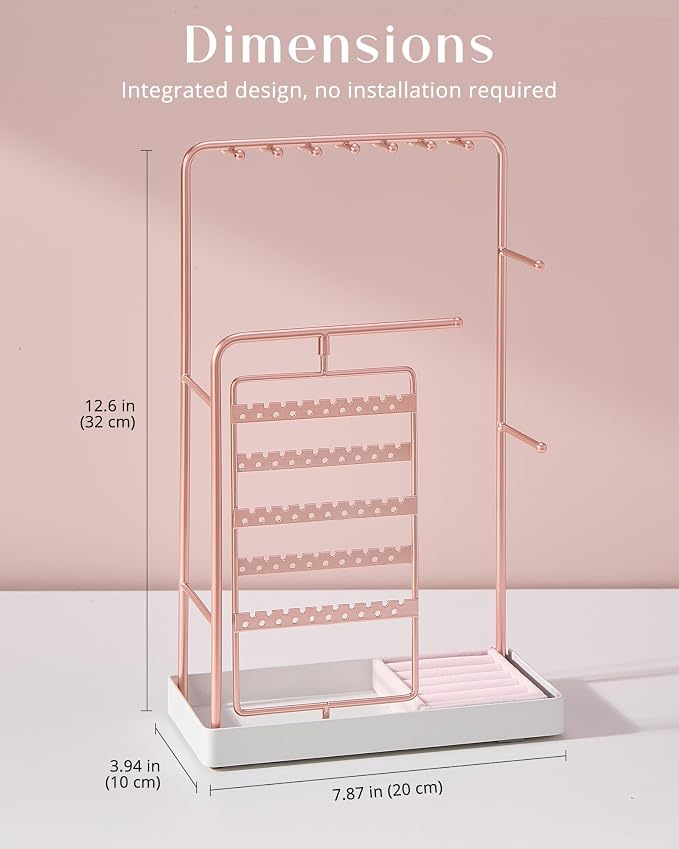 ProCase Jewelry Stand Holder Organizer, Jewelry Display Storage with Ring Tray, Rotating Earring Bracelet Necklace Holder, Valentine's Gifts Room Dorm Decor for Teen Girls -Rosegold (No-Assembly) - Image 7