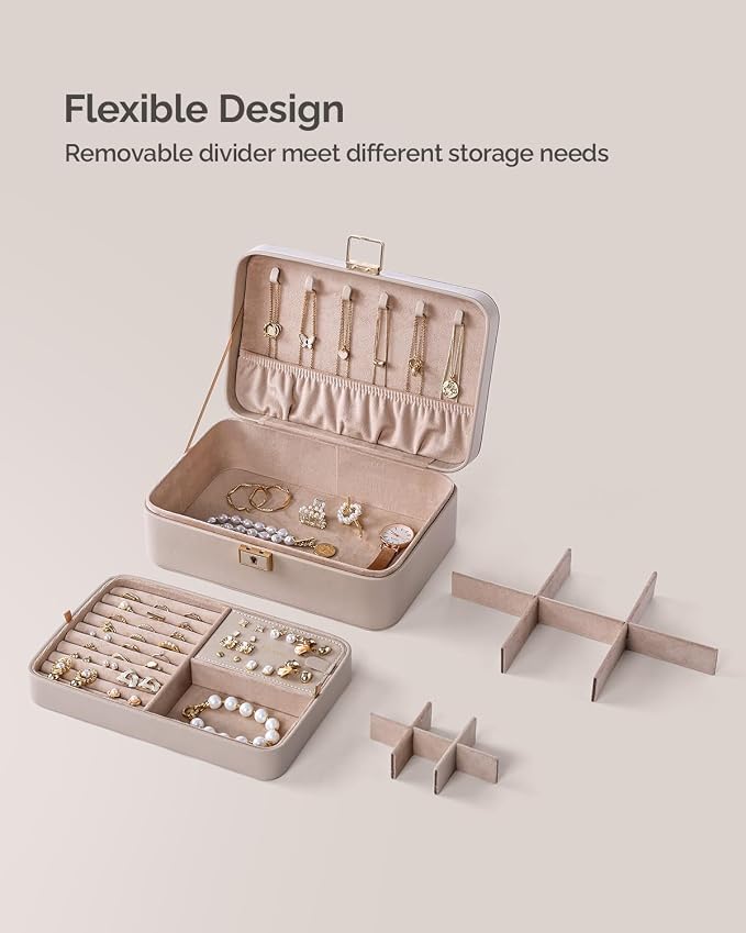 Jewelry Box, 2-Layer Jewelry Holder Organizer with Lock, Removable Jewelry Tray for Earrings Necklaces Bracelets, Light Taupe - Image 5