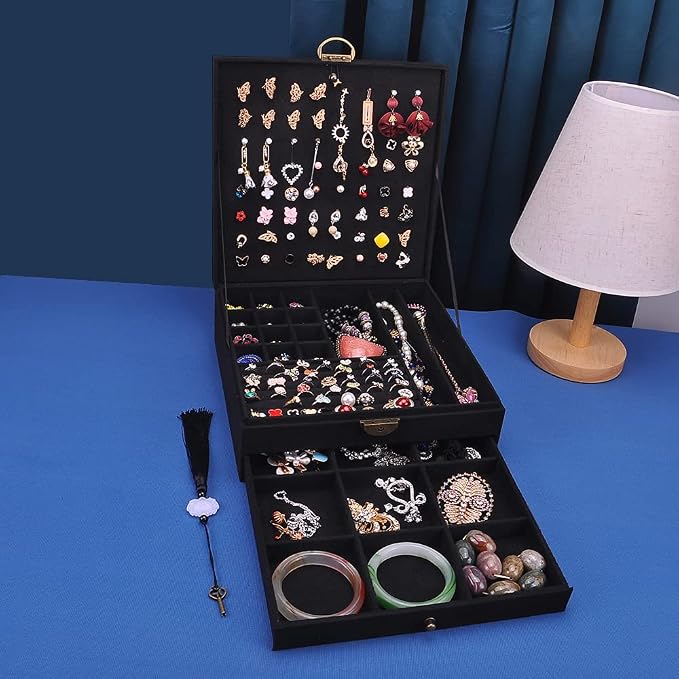 Women Jewelry Box Lockable 3 Layers Large Jewelry Organizer Storage Case for Earrings Necklaces Rings Bracelets,Green Display Jewel Holder (Black) - Image 6