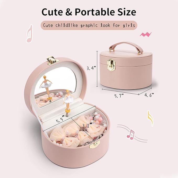 VLANDO Musical Jewelry Box for Girls, Small Kid Music Box with Ballerina for Party Bedroom Decor, Bithday Gift for Girl - Pink - Image 3