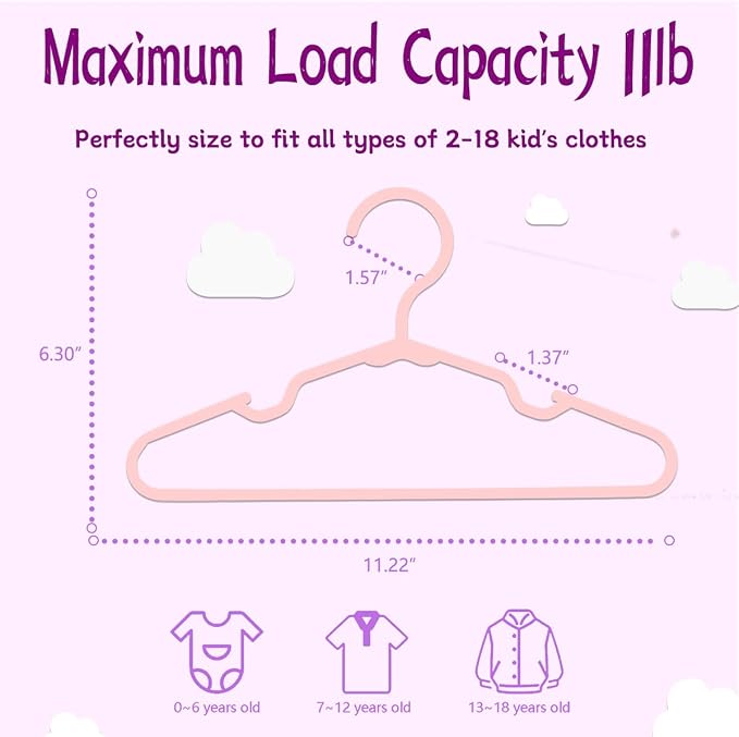 Baby Hangers for Closet 60 Pack Pink Plastic Kids Children's Clothes Hangers Non-Slip (Pink, 60) - Image 2
