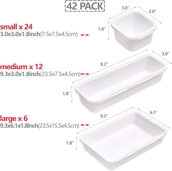 TENABORT 42 Pack Interlocking Desk Drawer Organizer Tray Dividers Plastic Shallow Narrow Drawers Organizers Separators Storage Bins Container for Kitchen Bathroom Makeup Office Vanity Dresser White - Image 2