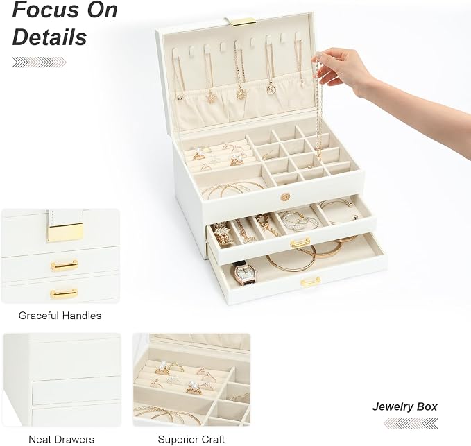 Jewelry Organizer Box for Women Girls, 3-Layer Jewelry Case with 2 Drawers Jewelry Storage Box for Ring Earrings Bracelets Necklaces(White) - Image 8