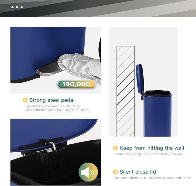 FDW | 13 Gallon Trash Can with Lid | Deep Blue | Fingerprint-Proof | Made of Brushed Stainless Steel | Soft-Close Step Pedal | Hands-Free Use | Easy to Clean | for Kitchen, Office, Bathroom - Image 3