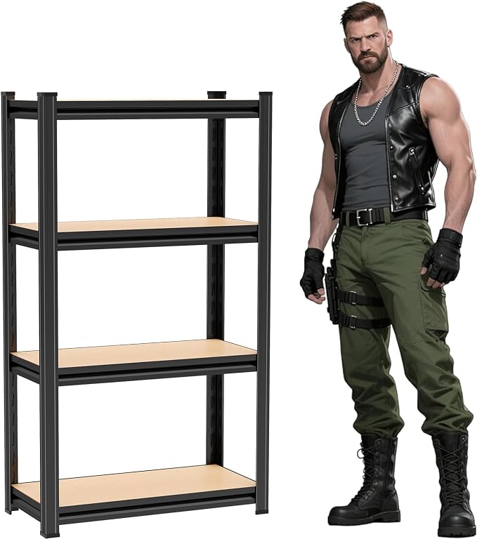 Wooden Garage Shelving, 4-Tier Storage Shelves, Double-Layer Uprights, Thickened Shelves, Waterproof &Rustproof, Suitable for Garage, Kitchen, Living Room. （24''W*12''D*46''H by Beaunatixx