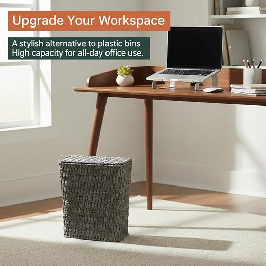 Coeusy 3 Gallon Paper Rope Bathroom Trash Can,Small Wicker Trash Cans with Lid and Liner,Woven Rattan Narrow Waste Basket for Bedroom,Office,Grey - Image 5