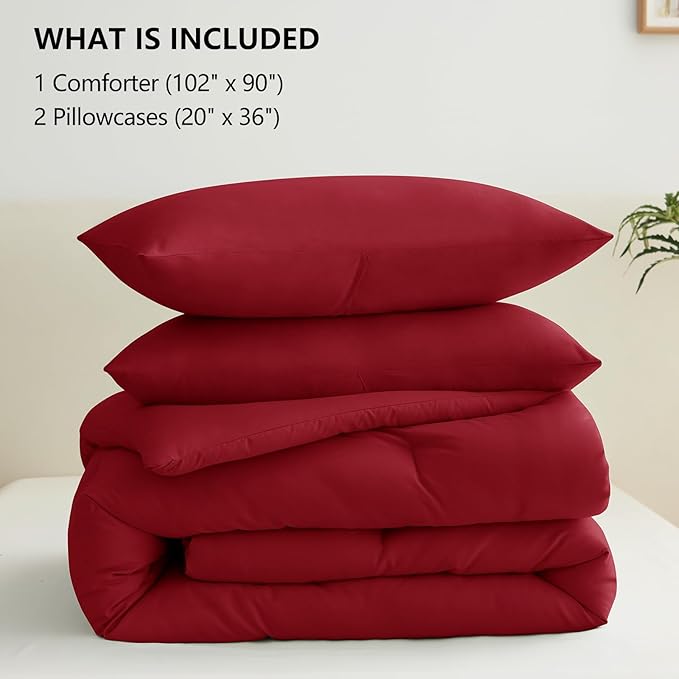 CozyLux King Size Comforter Set Dark Red, 3 Pieces Solid Comforters King Size Breathable Quilted Bedding Sets, Luxury Soft Lightweight Bed Set with Down Alternative Comforter and 2 Pillowcases