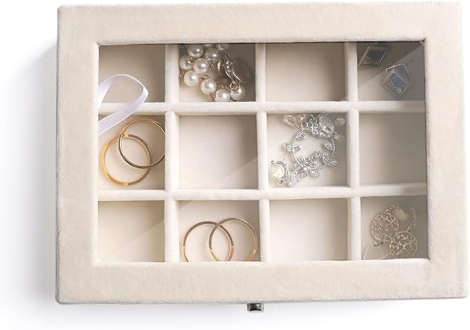 Frebeauty Jewelry Organizer Tray with Clear Lid - 12 Grid Velvet Drawer Insert Storage Box - Transparent Lid Display Case - Gift for Women (Beige, 12 Grid) - Image 5