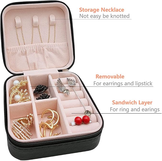 TRODANCE Mini Jewelry Case, Small Travel Jewelry Organizer, Portable Jewelry Box Storage Display Box For Rings, Earrings, Necklaces (Black-4pcs) - Image 4