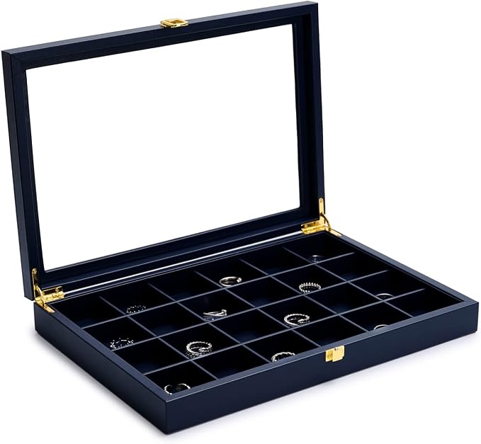 Oirlv Premium Blue Leather 24 Grid Jewelry Tray with Transparent Lid Earrings Rings Organizer Box Stackable Jewelry Box Drawer Inserts Women Gift - Image 2