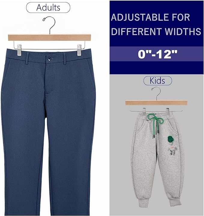 Amber Home 24 Pack Natural Wooden Pants Hangers with Clips, Wood Skirt Hangers Trouser Hangers for Jeans, Slacks, Shorts with 2-Adjustable Clips - Image 3