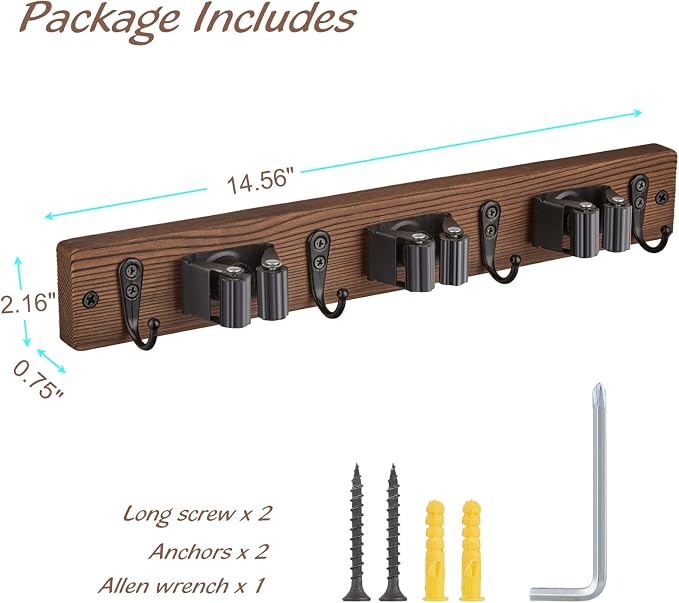 OUTNILI 2 Pack Mop Broom Holder Wall Mount with 3 Slots & 4 Hooks - Rustic Wood Broom Mop Hanger for Pantry Kitchen Organization - Garden Tool Organizer for Closet Laundry Room - Image 6
