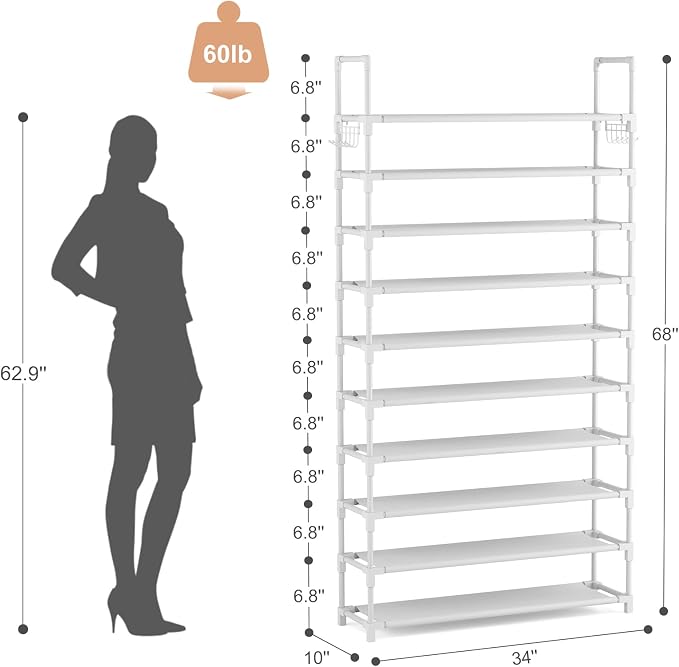 VTRIN 10 Tiers Shoe Rack Tall Large Capacity Wide Shoe Organizer Sturdy Shoe Shelf for Entryway with Two Hooks Metal Shoe Storage for Closet, Bedroom, White - Image 3