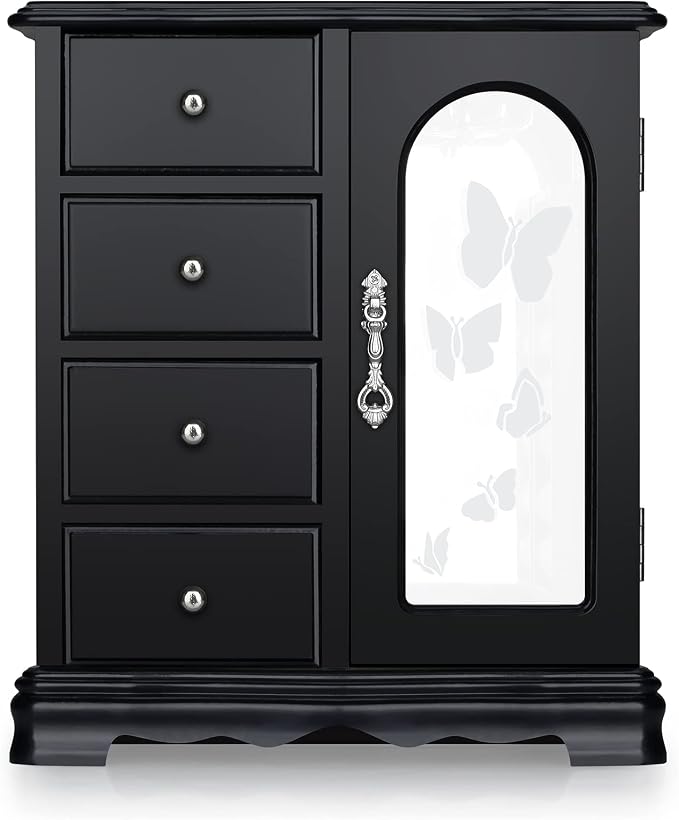 RR ROUND RICH DESIGN Jewelry Box - Made of Solid Wood with 4 Drawers Organizer and Built-in Necklace Carousel and Large Mirror Black by RRROUNDRICHDESIGN