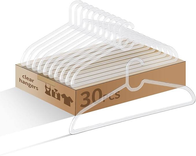 Clothes Hangers 30 Pack, 16" Heavy Duty Coat Hanger, Clear Acrylic Hangar, Non-slip Short Neck Hanger for Closet, Space Saving Slim Thin Perchas for Adult Suit, T-shirt, Jacket, Dress, Blouse Clothing by WJWSKI