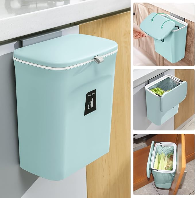 Tiyafuro 2.4 Gallon Kitchen Compost Bin for Counter Top or Under Sink, Hanging Small Trash Can with Lid for Cupboard/Bathroom/Bedroom/Office/Camping, Mountable Indoor Compost Bucket (Blue) by Tiyafuro