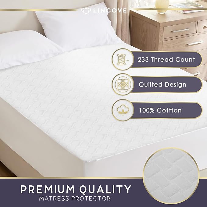 Lincove Quilted Fitted Mattress Protector, Twin – Elastic Mattress Protector – Bed Topper Covers Up to 16 Inches Deep, 100% Cotton, Breathable Braided Texture, Machine Washable & Dryer Safe
