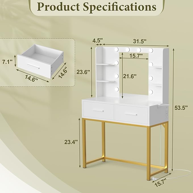 YESHOMY Vanity Desk with Mirror, Makeup Table with 2 Large Drawers, Power Outlet and Round Holder, 3 Color Modes Adjustable Bulb, Pure White & Golden