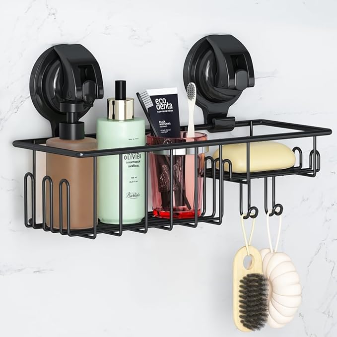 TESOT Suction Cup Shower Caddy, Shower Shelf Soap Dish with Hooks for Sponge, Rust Proof 304 Stainless Steel, Black - Image 2