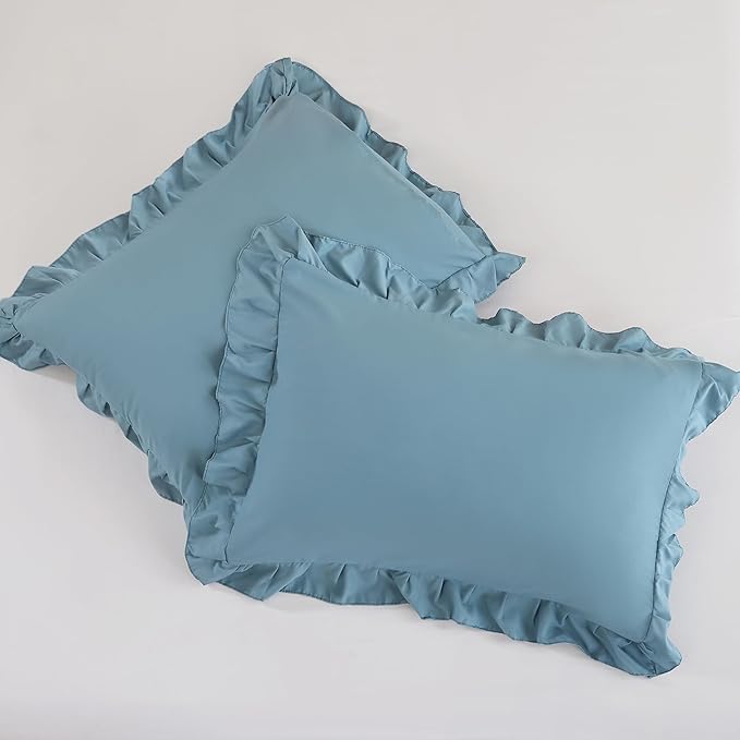 JANZAA King Size Comforter Set Mineral Blue Ruffle Comforter 3PCS Soft Fluffy Boho Comforter Vintage Farmhouse Bed Comforter Set Shabby Chic Bedding with 2 Pillowcases for All Season