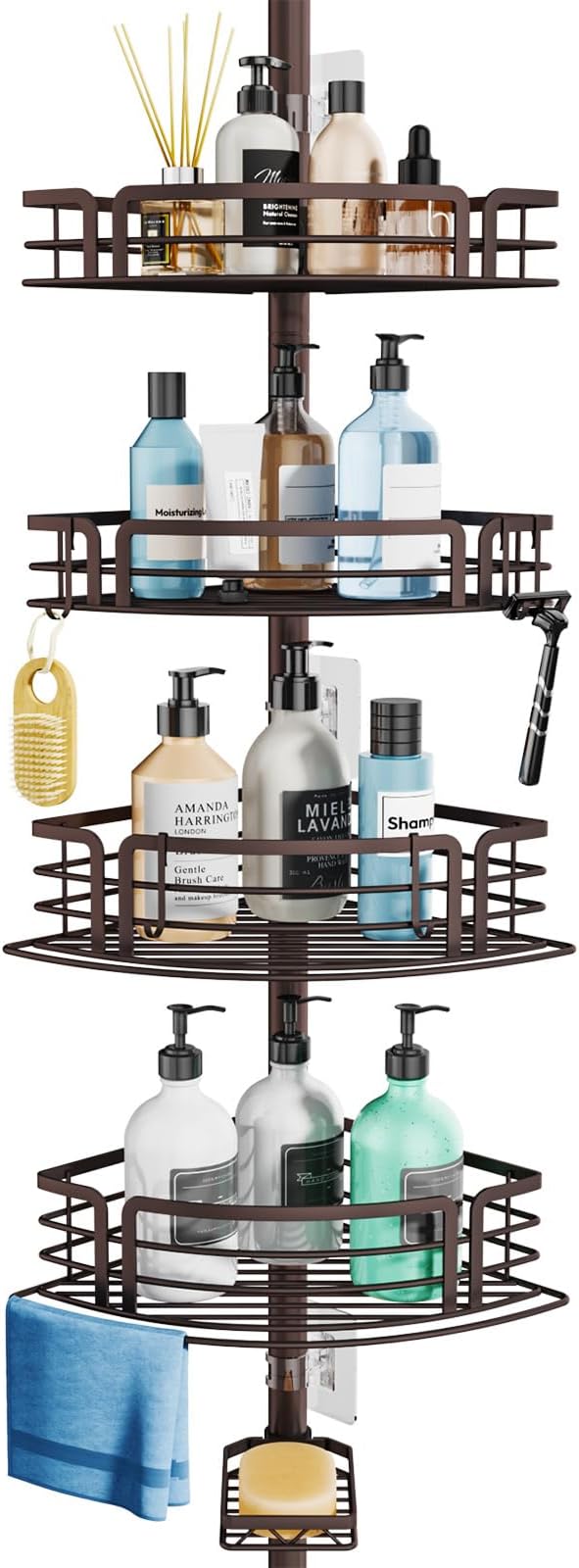 Consumest Corner Shower Caddy Tension Pole - Rustproof Shower Shelves with Towel Bar & Soap Holder, Adjustable Bath Organizer for Bathroom Storage, 27.6-108.3 inch, Bronze by Consumest