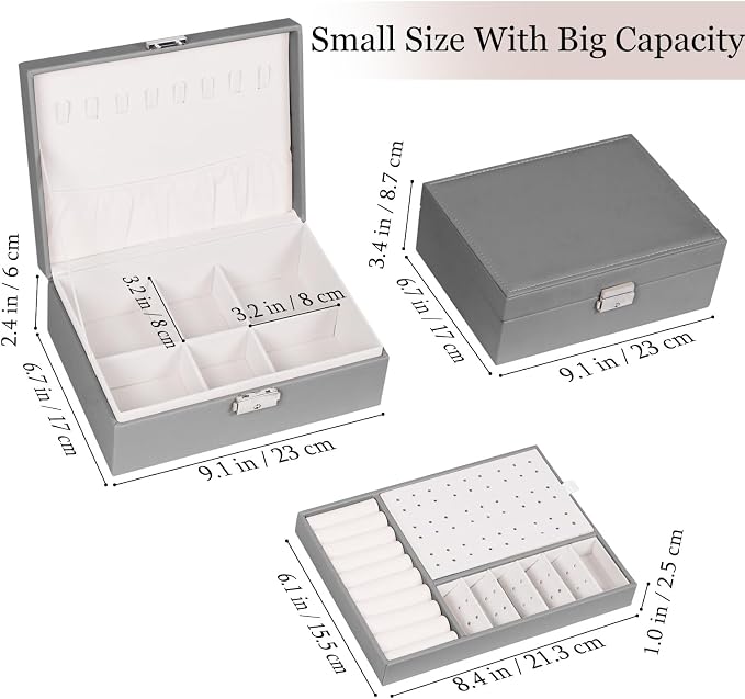 Jewelry Box for Women Girls, 2 Layers Jewelry Organizer Container with Lock, PU Leather Storage Case with Removable Tray, Jewelry Display Box for Necklaces Earrings Bracelets Rings Watches (Grey) - Image 2