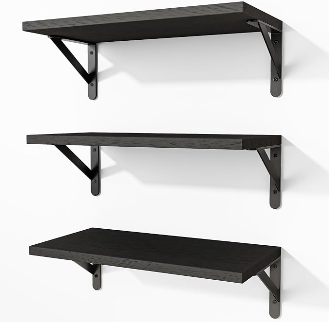 Fixwal Black Shelves for Wall, Wood Wall Mounted Floating Shelves for Bedroom, Bathroom, Living Room, Kitchen Storage and Decor(Black, Set of 3, 16.5 Inch) by Fixwal