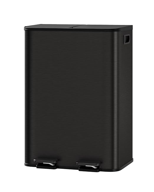 GarveeHome 2 x 8 gal Stainless Steel Double Trash Can with Lid for Kitchen, Large Dual Trash and Recycle Bin Combo, Step-on Kitchen Metal Garbage Cans, PP Inner Buckets, Liner Rim, Matte Black by GarveeHome