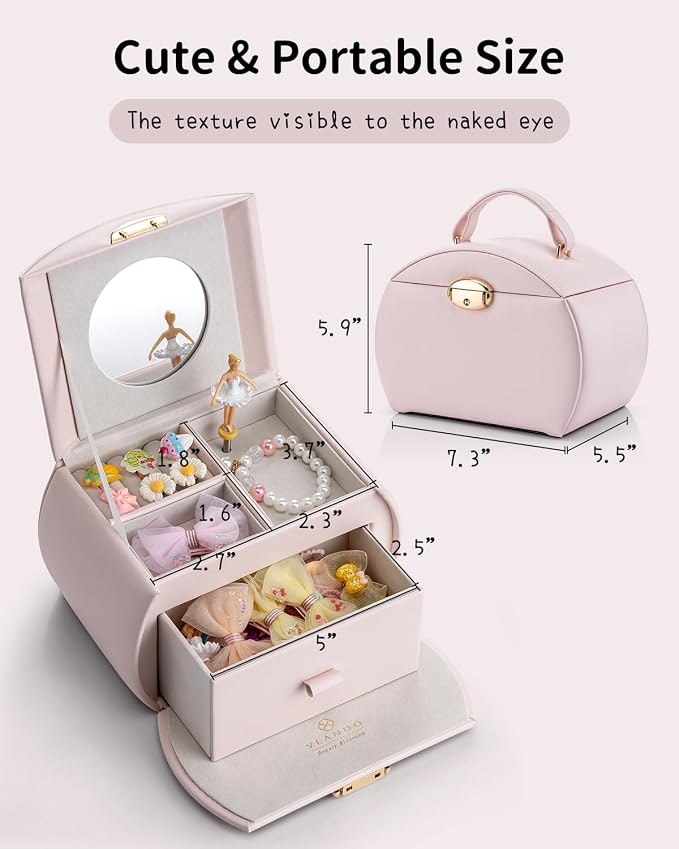 VLANDO Kids Musical Jewelry Box for Girls with Drawer, Music Box with Ballerina and Stickers for Birthday Bedroom Decor, Gifts for Girls Kids Christmas Thanksgiving Gifts 2024 - Light Pink - Image 8