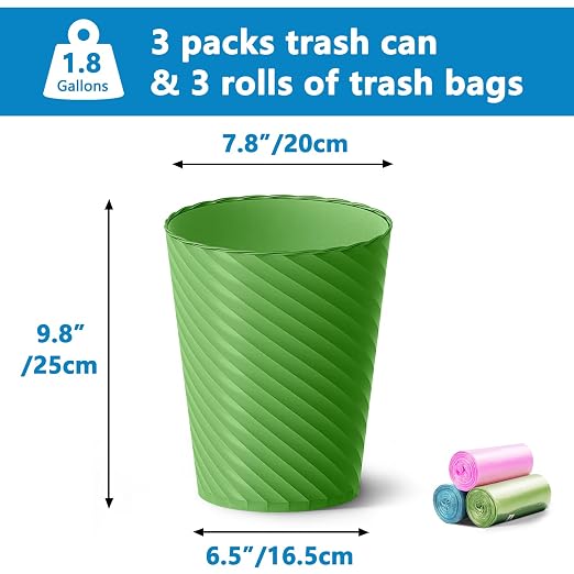 Lysam Bathroom Trash Can, 3 Pack 1.8 Gallons Small Trash Can with Trash Bags, Bathroom Garbage Can, Plastic Trash Bin, Round Waste Basket for Bedroom, Office, Compact Space (Pink Purple Green) - Image 3