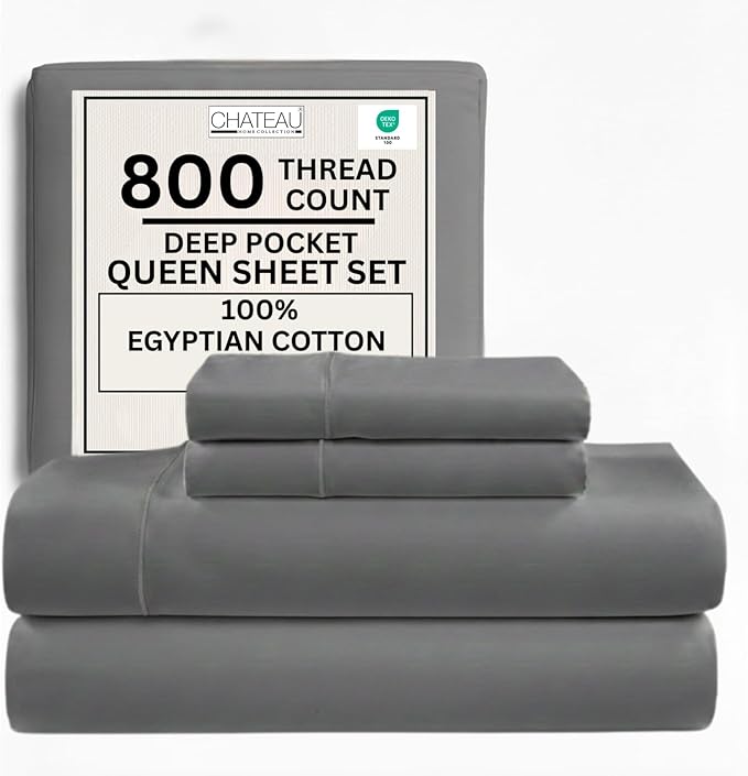 Egyptian Cotton Sheets Queen Size 800 Thread Count, 100% Cotton Queen Sheet Set — Deep Pocket Fitted 15", Sateen Weave, No Pill, Soft Cooling Charcoal 4 Piece Sateen Bed Set, OEKO-TEX Certified