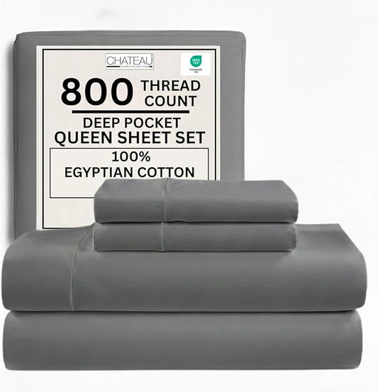 Egyptian Cotton Sheets Queen Size 800 Thread Count, 100% Cotton Queen Sheet Set — Deep Pocket Fitted 15", Sateen Weave, No Pill, Soft Cooling Charcoal 4 Piece Sateen Bed Set, OEKO-TEX Certified