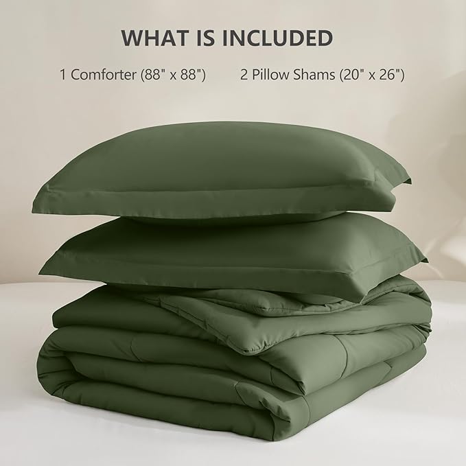CozyLux Queen Size Comforter Set - Olive Green Comforter Queen Size, 3 Pieces Box Stitched Bed Set for All Seasons, Soft Lightweight Bedding Sets with 1 Down Alternative Comforter and 2 Pillow Shams