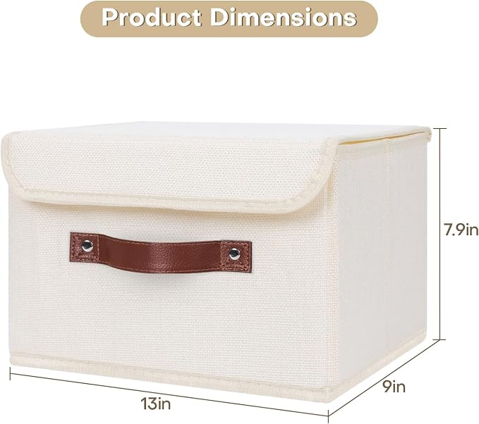 ANMINY 4PCS Storage Bin with Lid Storage Boxes with PU Leather Handles PP Plastic Board Decorative Foldable Lidded Cotton Linen Fabric Home Cubes Baskets Closet Organizer Container - Beige, Medium - Image 5
